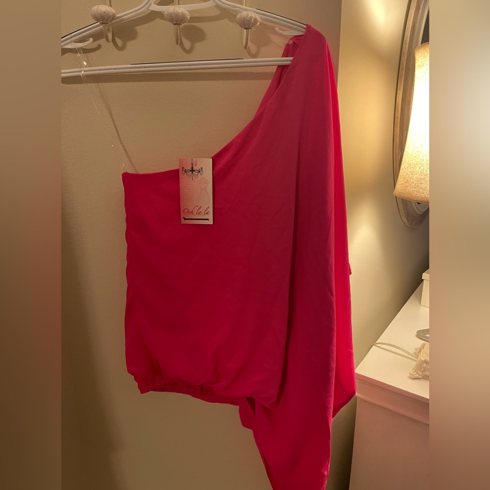 One shoulder hot pink blouse